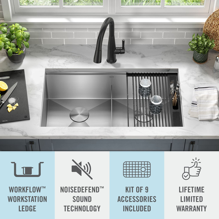 Delta Rivet 33" Stainless Steel Workstation Kitchen Sink with Accessories