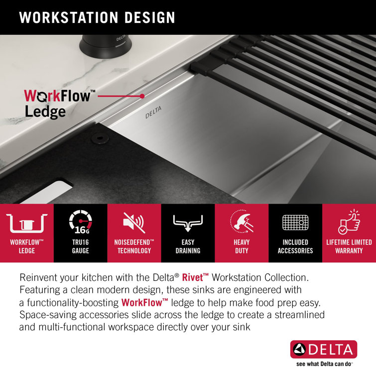 Delta Rivet 33" Stainless Steel Workstation Kitchen Sink with Accessories