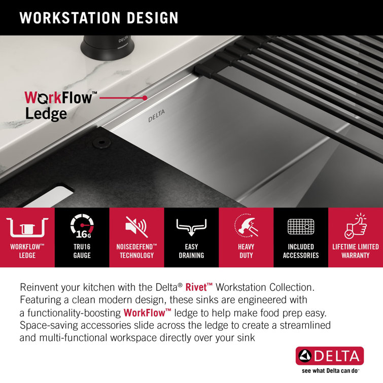 Delta 32-Inch Stainless Steel Workstation Undermount Kitchen Sink