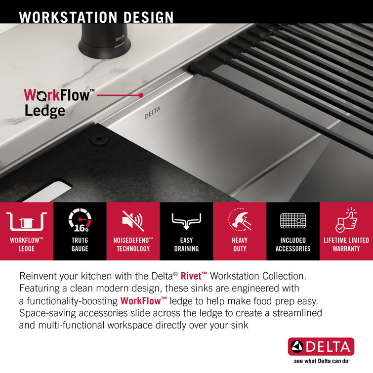 Delta Rivet 27" Stainless Steel Workstation Kitchen Sink with WorkFlow Ledge