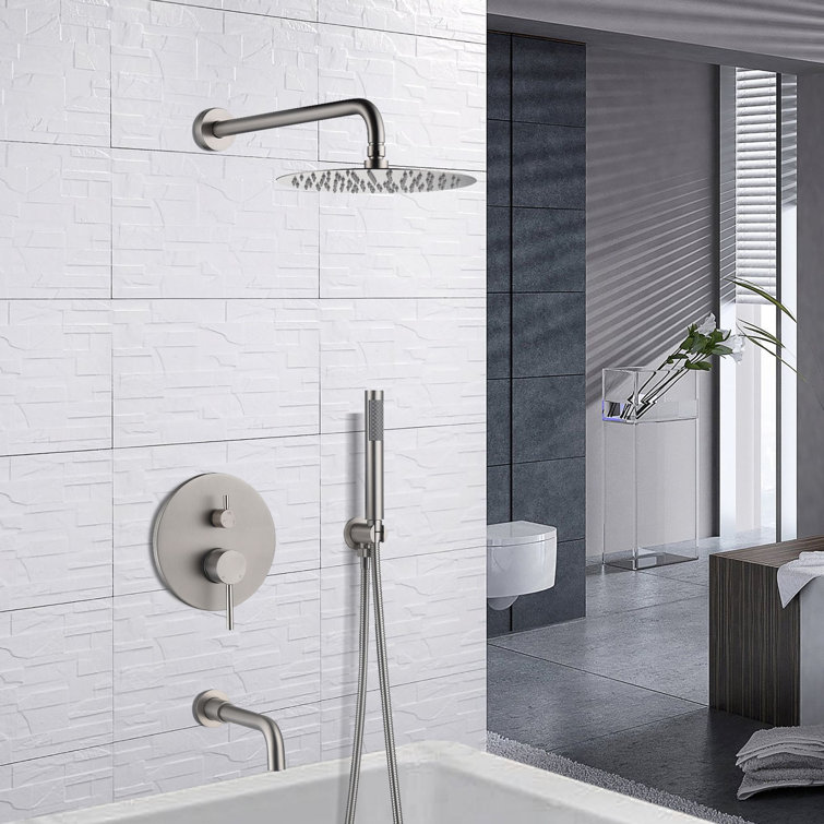 Large Brushed Nickel Dual Rain Shower System with Handheld Spray