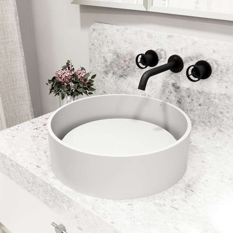 Matte Black and White Round Stone Vessel Sink with Faucet