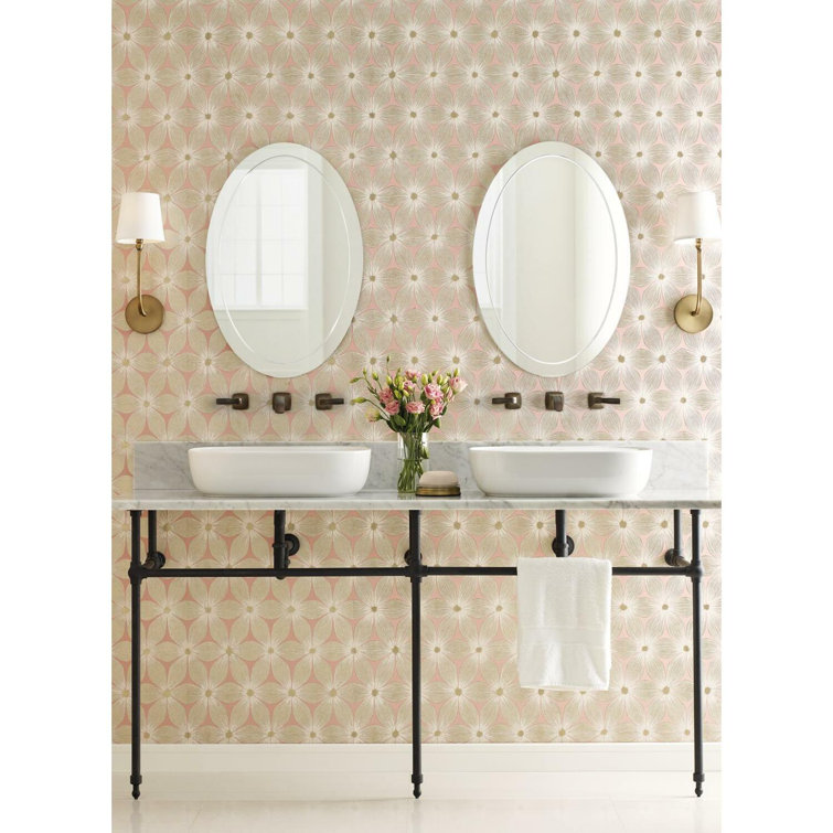 Coral and Gold Floral Vinyl-Coated Wallpaper, 21" x 33'