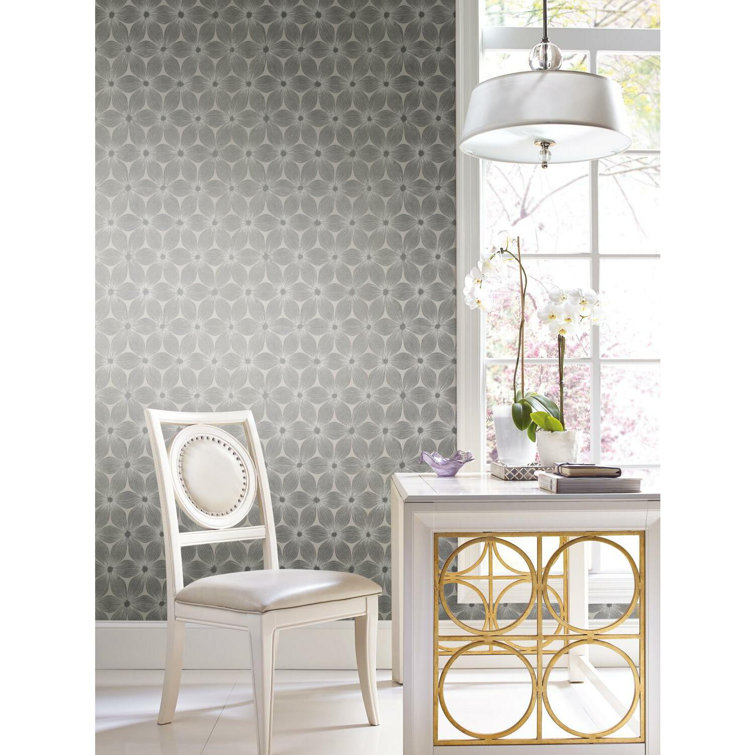 White and Silver Vinyl-Coated Floral Wallpaper
