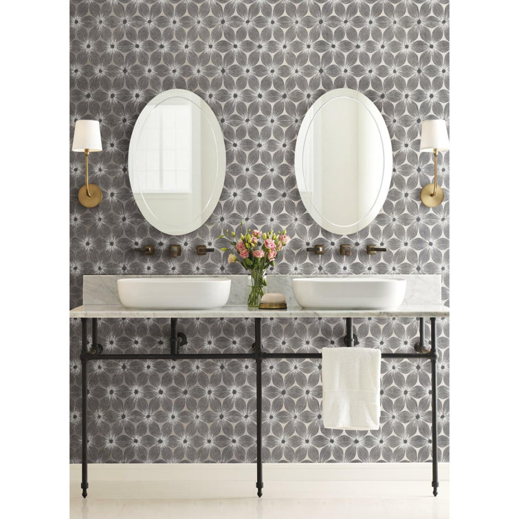 White and Silver Vinyl-Coated Floral Wallpaper