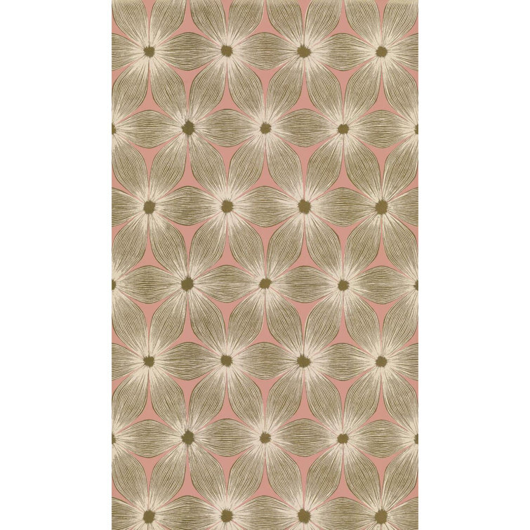 Coral and Gold Floral Vinyl-Coated Wallpaper, 21" x 33'