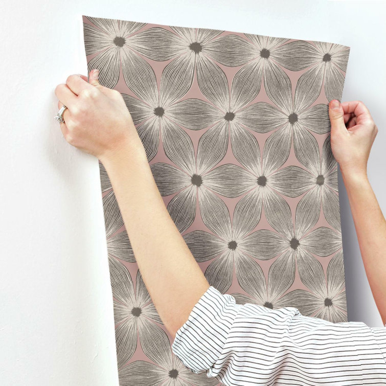 Coral and Gold Floral Vinyl-Coated Wallpaper, 21" x 33'