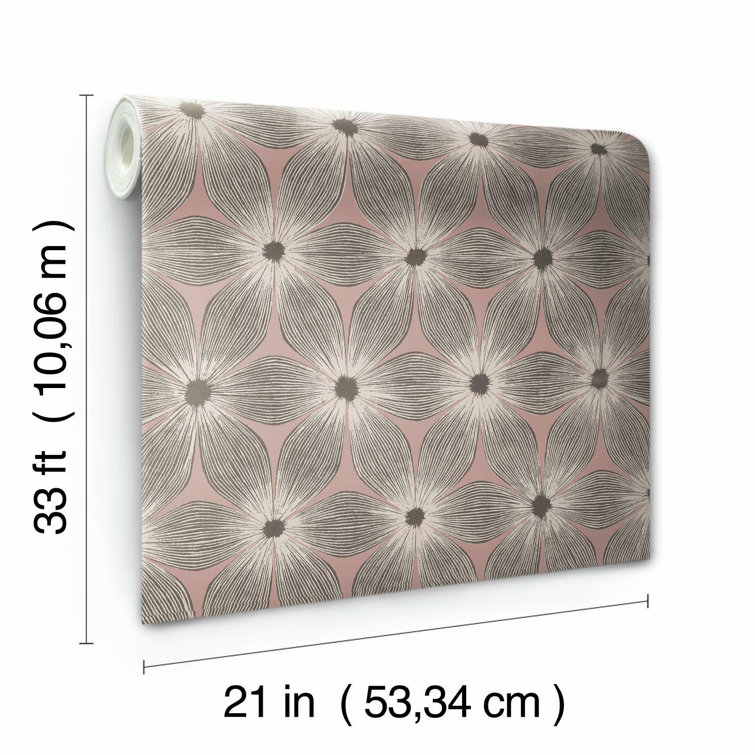 Coral and Gold Floral Vinyl-Coated Wallpaper, 21" x 33'