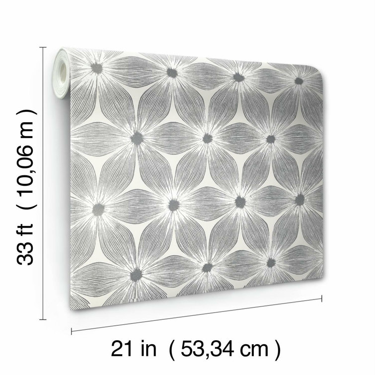 White and Silver Vinyl-Coated Floral Wallpaper