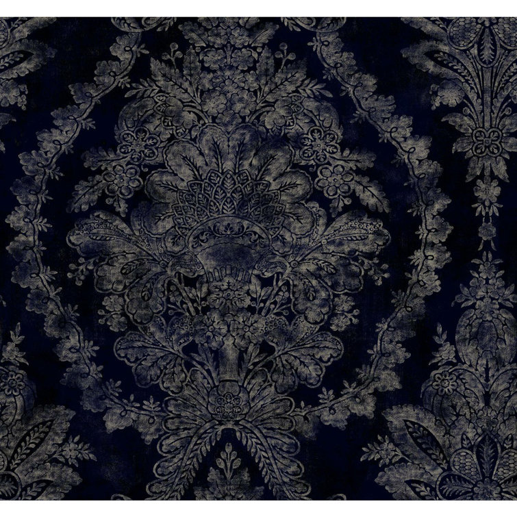 Navy Vinyl-Coated Damask Wallpaper with Acanthus Leaves
