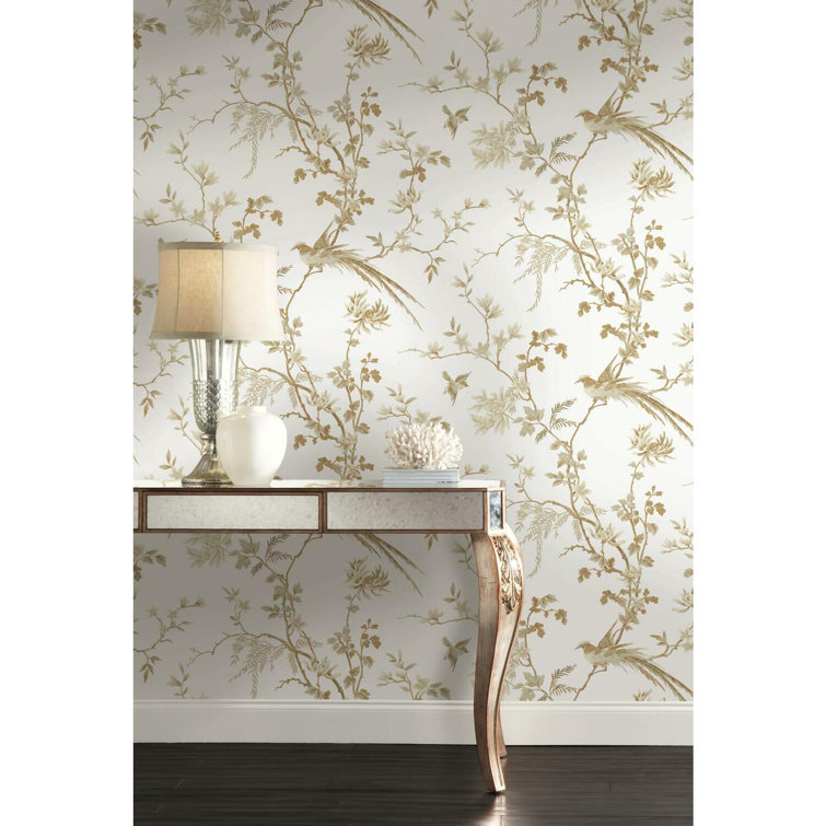 White and Gold Bird and Blossom Chinoiserie Wallpaper