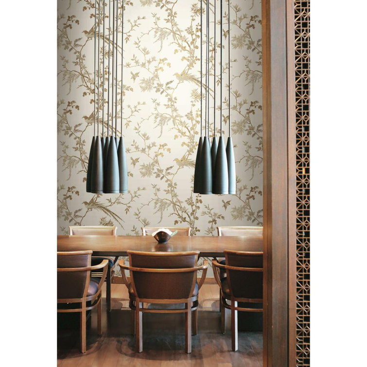 White and Gold Bird and Blossom Chinoiserie Wallpaper