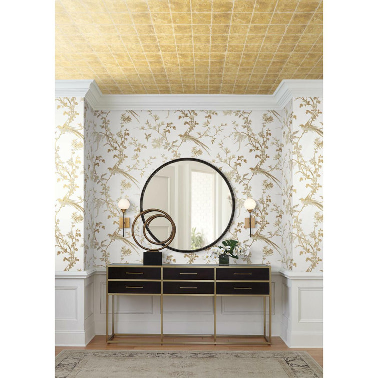 White and Gold Bird and Blossom Chinoiserie Wallpaper