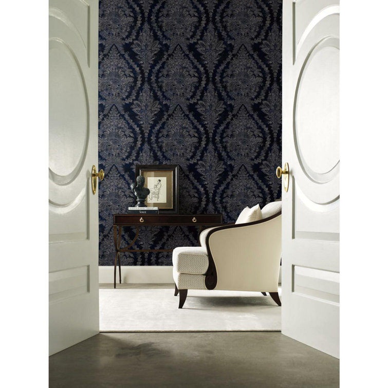 Navy Vinyl-Coated Damask Wallpaper with Acanthus Leaves