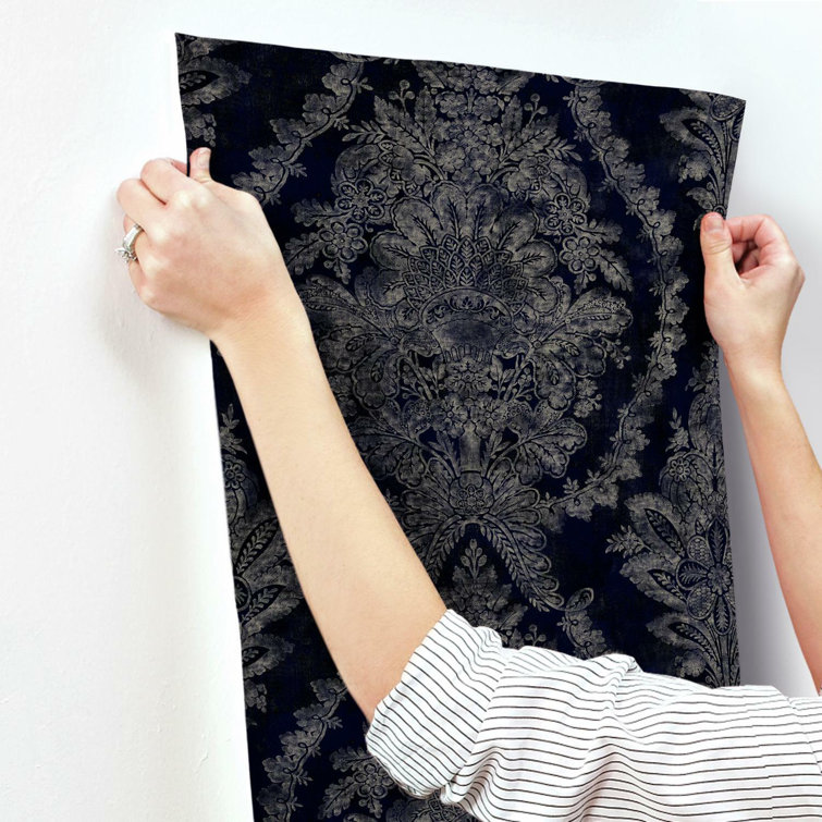 Navy Vinyl-Coated Damask Wallpaper with Acanthus Leaves