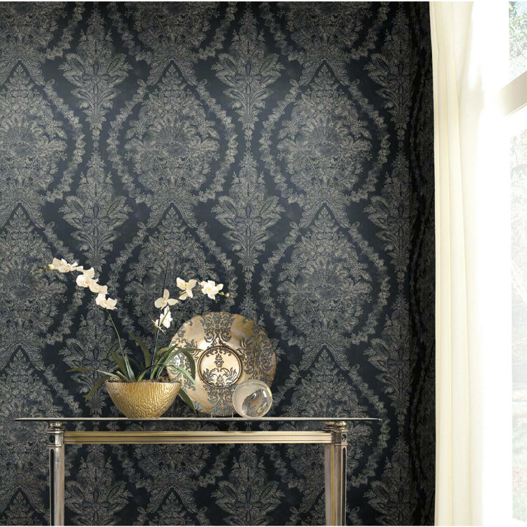 Navy Vinyl-Coated Damask Wallpaper with Acanthus Leaves