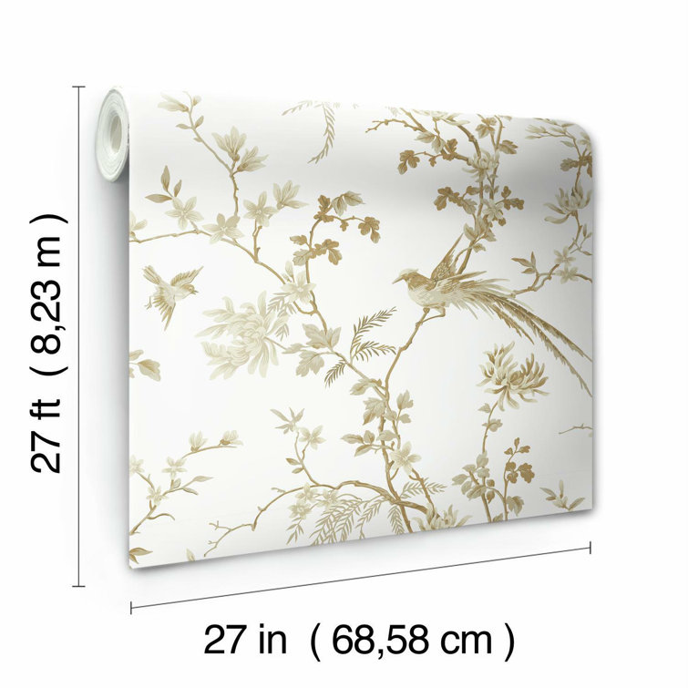 White and Gold Bird and Blossom Chinoiserie Wallpaper