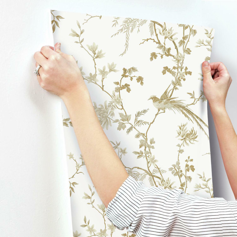 White and Gold Bird and Blossom Chinoiserie Wallpaper