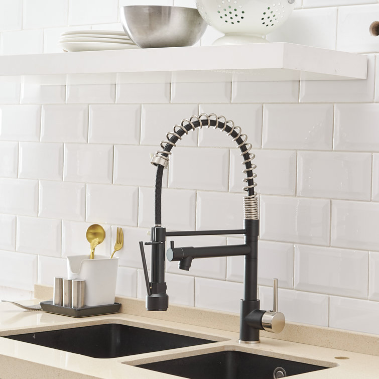 Brushed Nickel and Matte Black High-Arc Kitchen Faucet with Pull-out Spray