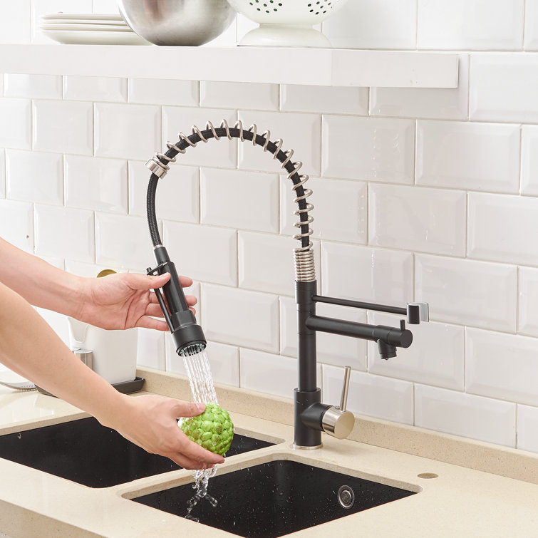 Brushed Nickel and Matte Black High-Arc Kitchen Faucet with Pull-out Spray