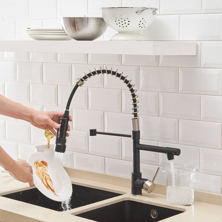Brushed Nickel and Matte Black High-Arc Kitchen Faucet with Pull-out Spray