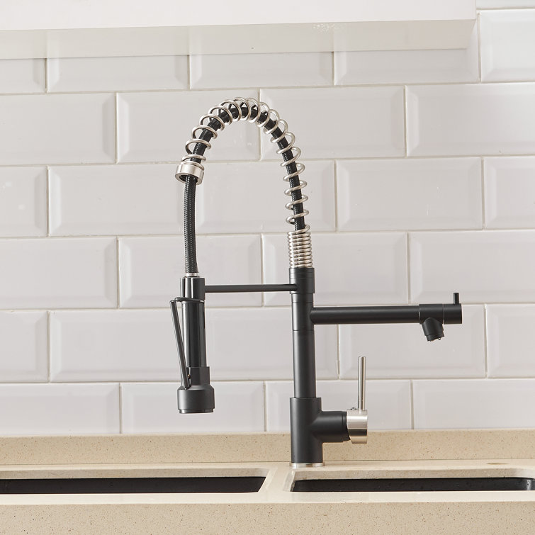 Brushed Nickel and Matte Black High-Arc Kitchen Faucet with Pull-out Spray