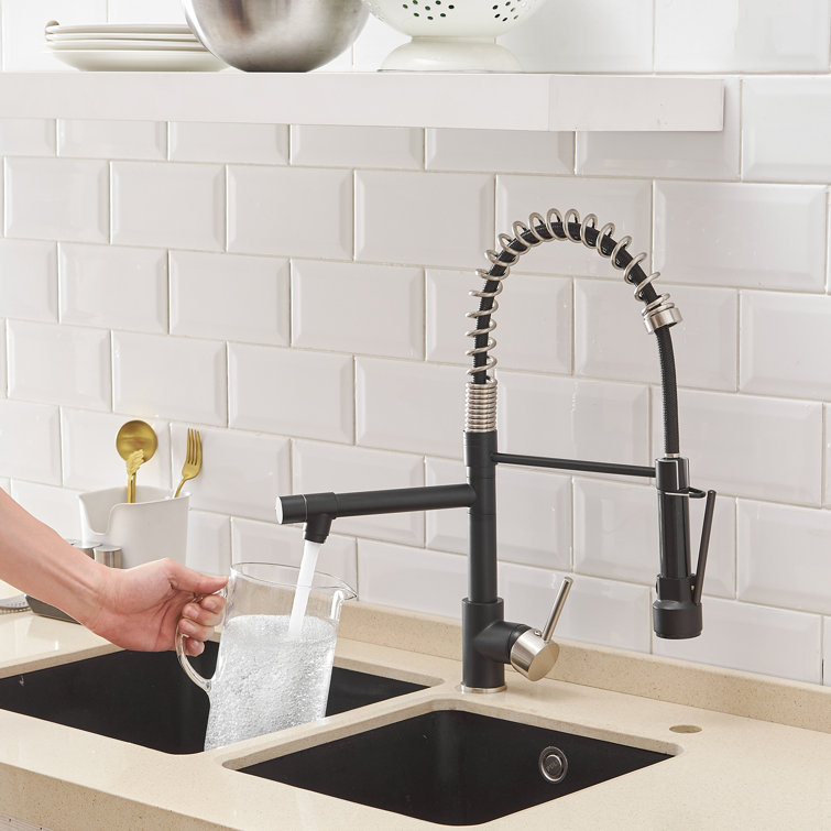 Brushed Nickel and Matte Black High-Arc Kitchen Faucet with Pull-out Spray