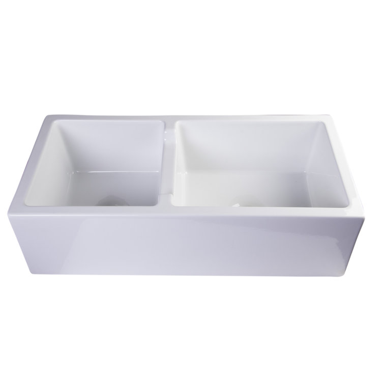36'' White Fireclay Double Bowl Farmhouse Kitchen Sink