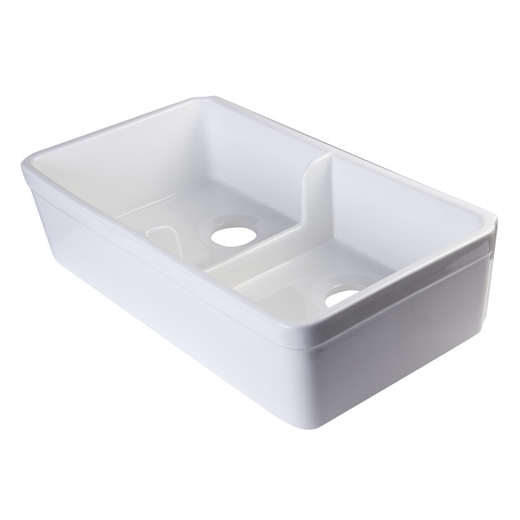32'' White Fireclay Double Bowl Farmhouse Sink