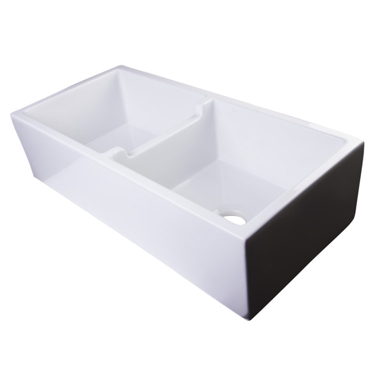 39.5'' White Fireclay Double Bowl Farmhouse Kitchen Sink