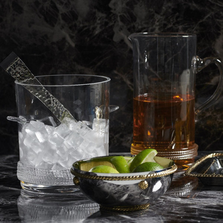 Clear Glass Ice Bucket with Embossed Detailing and Tongs