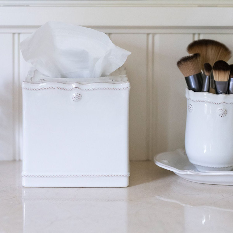 Elegant Whitewash Ceramic Tissue Box Cover with Berry & Thread Motif