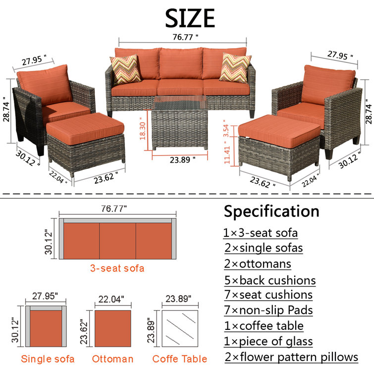 7-Person Gray Steel Frame Patio Sofa Set with Orange Cushions