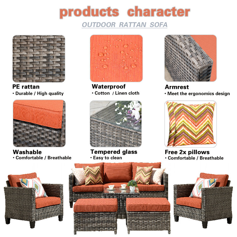 7-Person Gray Steel Frame Patio Sofa Set with Orange Cushions