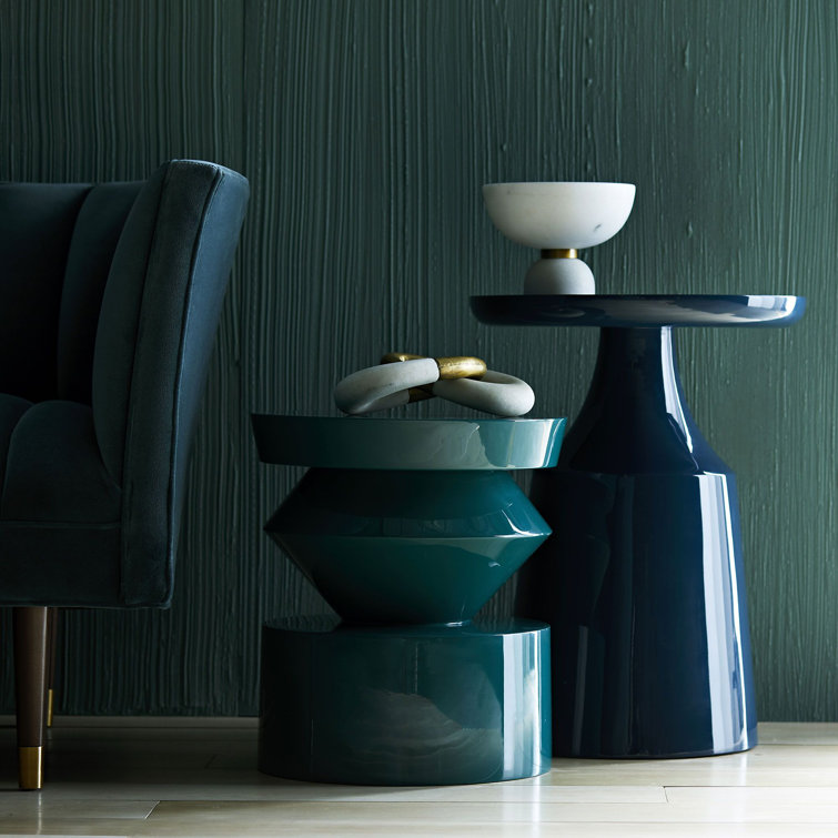 Bell-Shaped Navy Lacquer Round Glass End Table