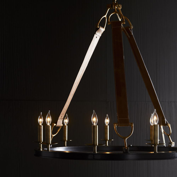 Antique Brass and Leather 9-Light Candle Chandelier