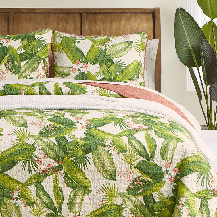 Ecru Cotton Full/Queen Reversible Quilt Set with Palm Leaf Design