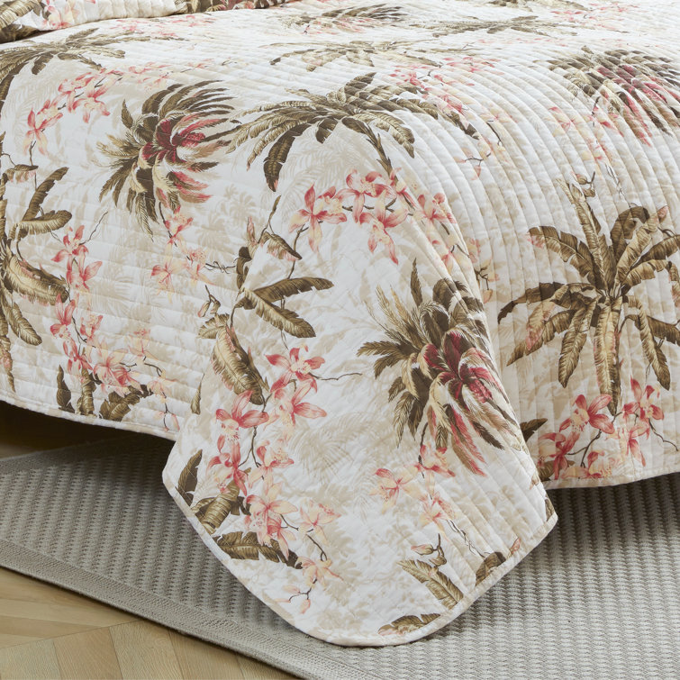 Tropical White Full/Queen Reversible Cotton Quilt Set with Palm Design