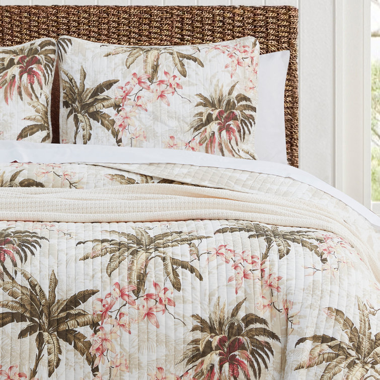 Tropical White Full/Queen Reversible Cotton Quilt Set with Palm Design