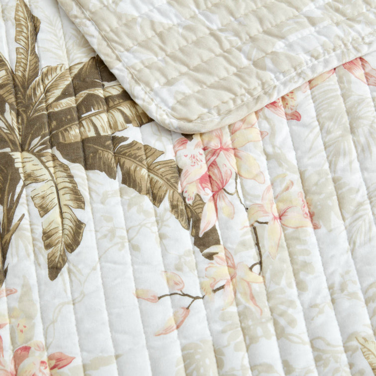 Tropical White Full/Queen Reversible Cotton Quilt Set with Palm Design