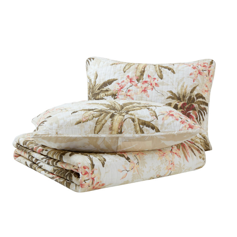 Tropical White Full/Queen Reversible Cotton Quilt Set with Palm Design