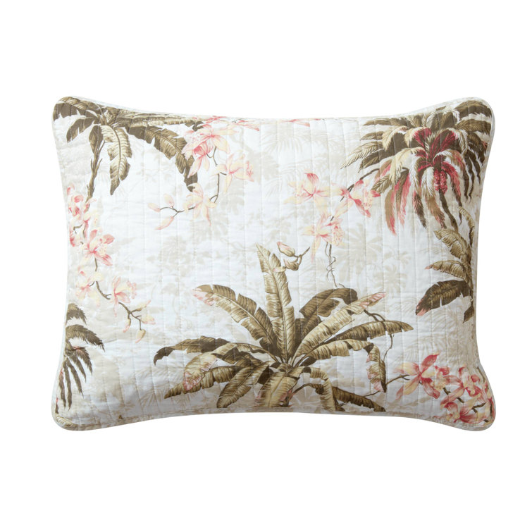 Tropical White Full/Queen Reversible Cotton Quilt Set with Palm Design