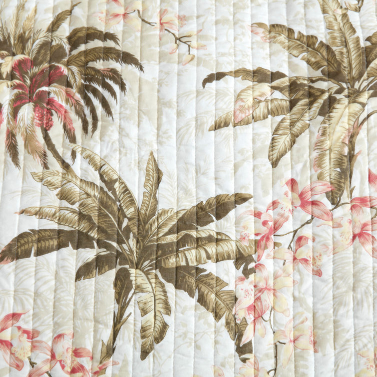 Tropical White Full/Queen Reversible Cotton Quilt Set with Palm Design