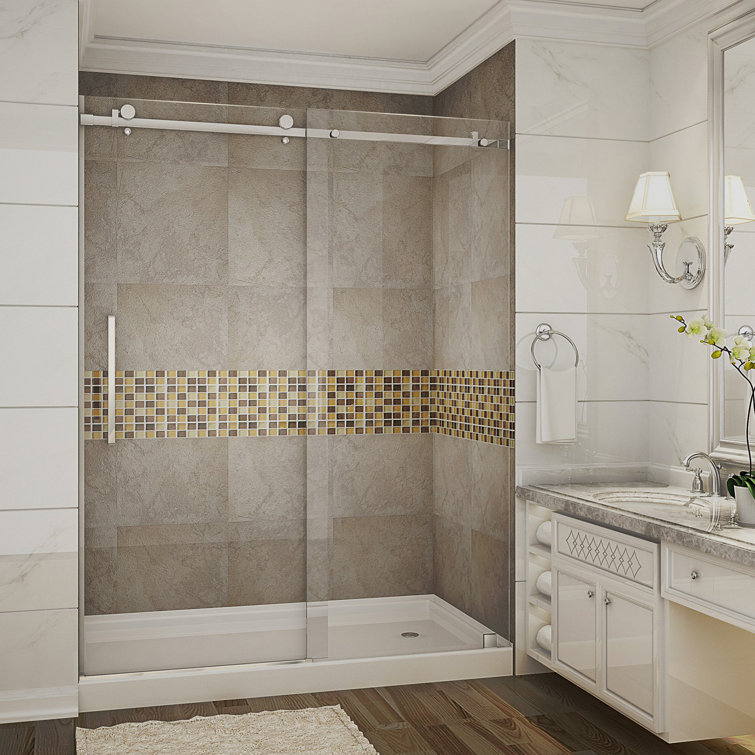Moselle 60'' x 77.5'' Stainless Steel Frameless Sliding Shower Door with Frosted Glass