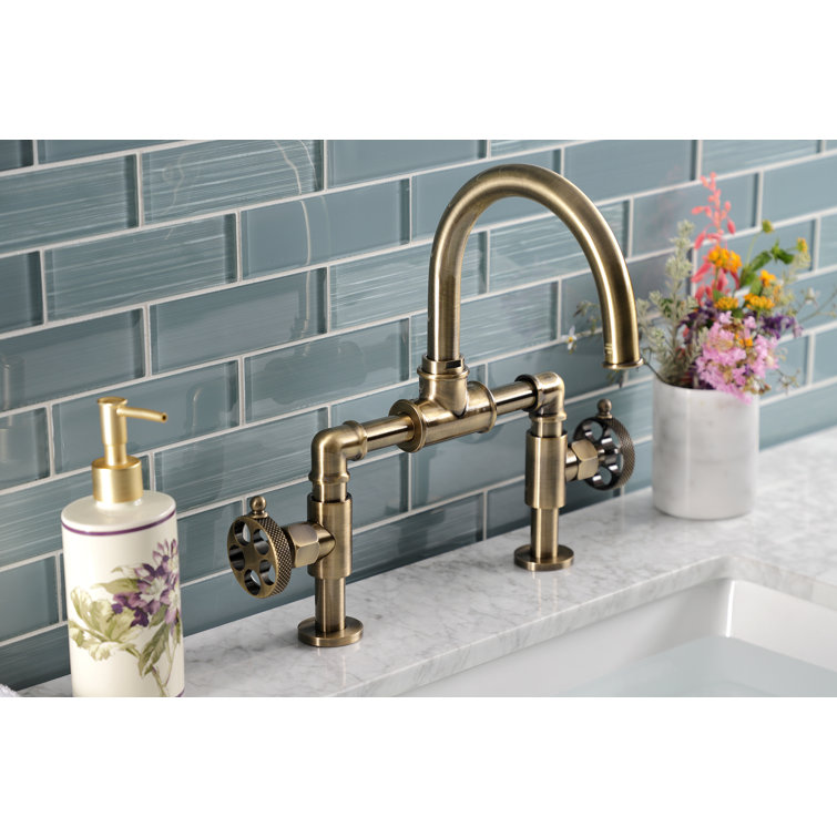 Webb Industrial Bridge Antique Brass Wheel Handle Bathroom Faucet