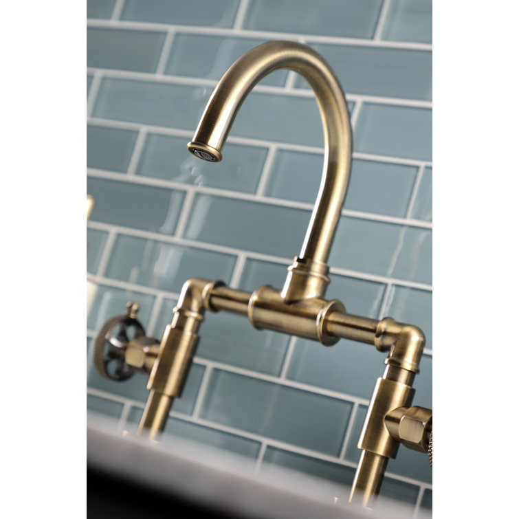 Webb Industrial Bridge Antique Brass Wheel Handle Bathroom Faucet