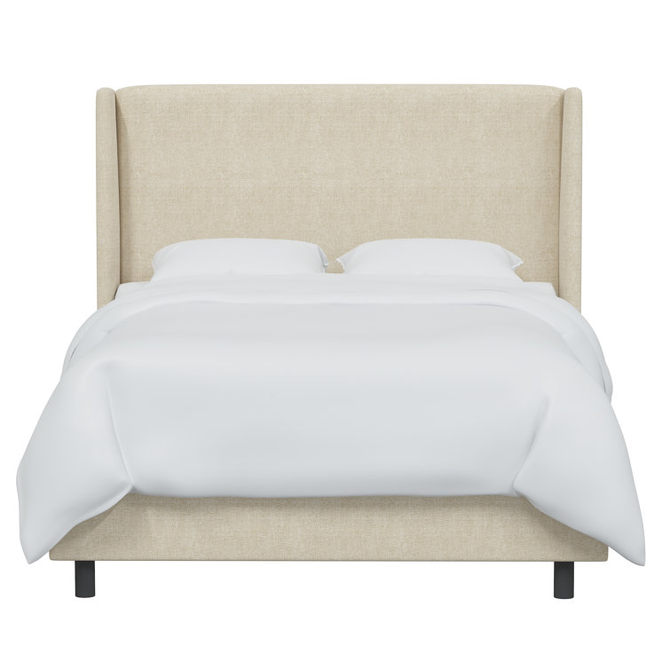 Beige Queen Upholstered Wingback Bed with Wood Frame