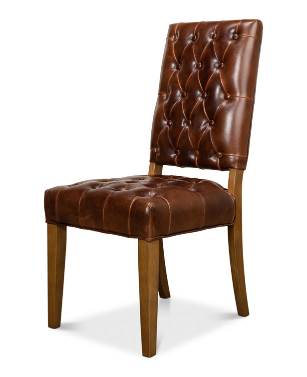 Brady Traditional Button-Tufted Leather Side Chair in Brown