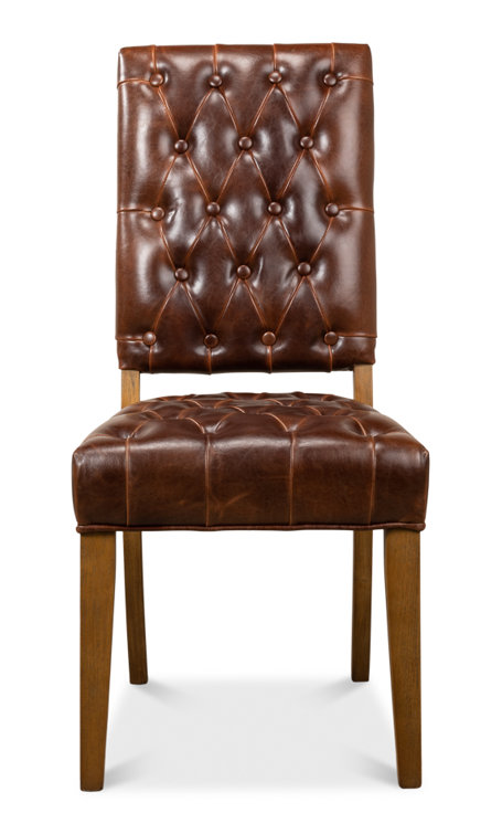 Brady Traditional Button-Tufted Leather Side Chair in Brown