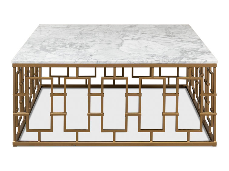 White Marble and Wood Square Coffee Table with Metal Base